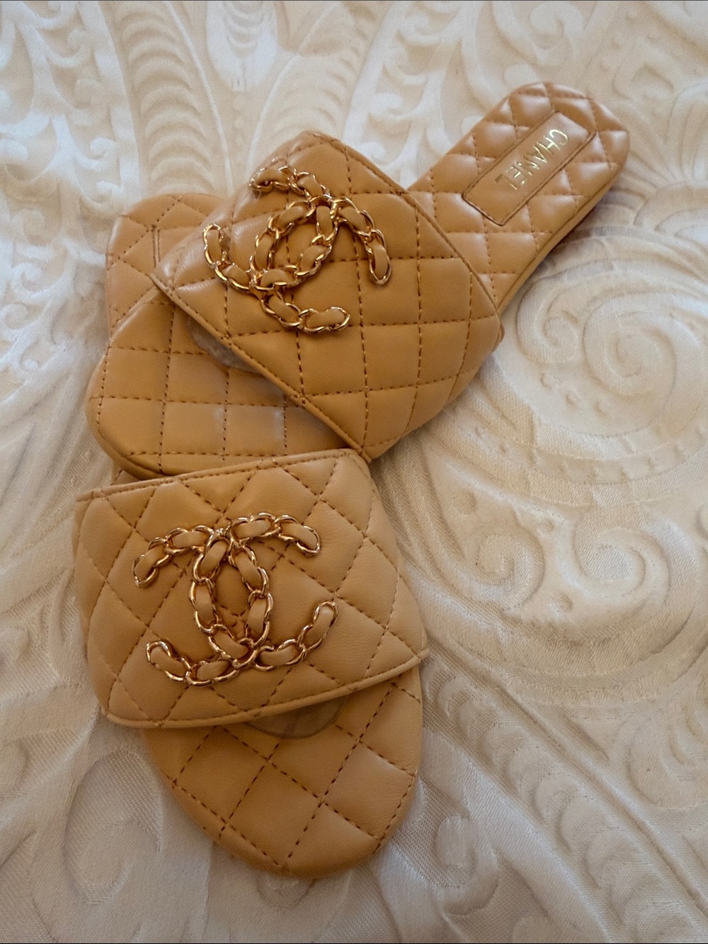 CHANEL inspired Tan Quilted Leather Slide Mules with Gold Chain CC